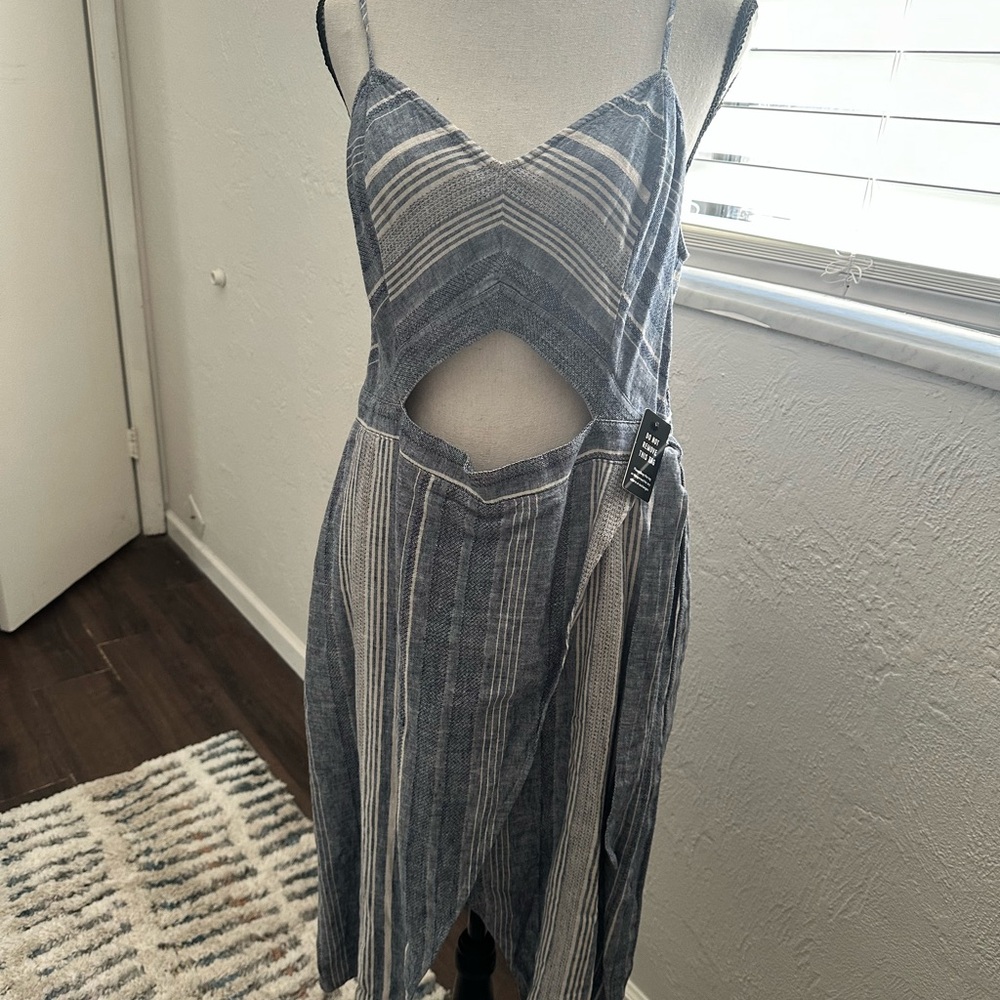 Express Blue and White Striped Linen Cut out Dress